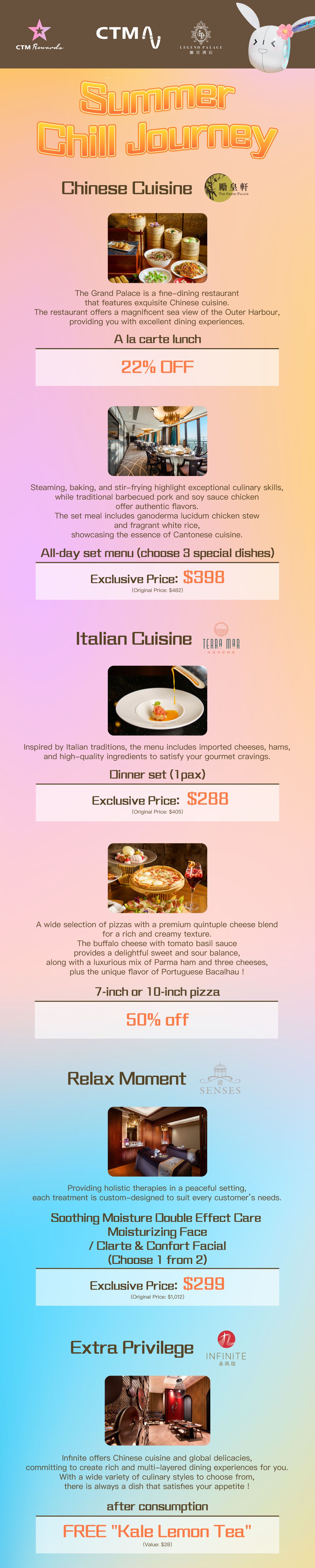CTM x Legend Palace Chill Journey! Get 22% OFF on a la carte lunch and all-day set menu for just $398 at The Grand Palace and enjoy an authentic Italian dinner set at Terra Mar for $288. Plus, get 50% OFF on a pizza, Senses Health Club for 70% OFF facials 